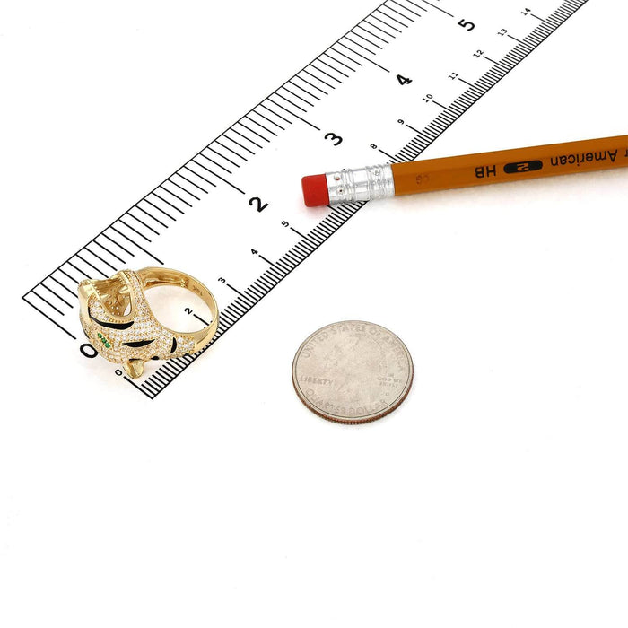 14K Yellow Gold CZ Pave Emerald Eye 3D Tiger Head Ring