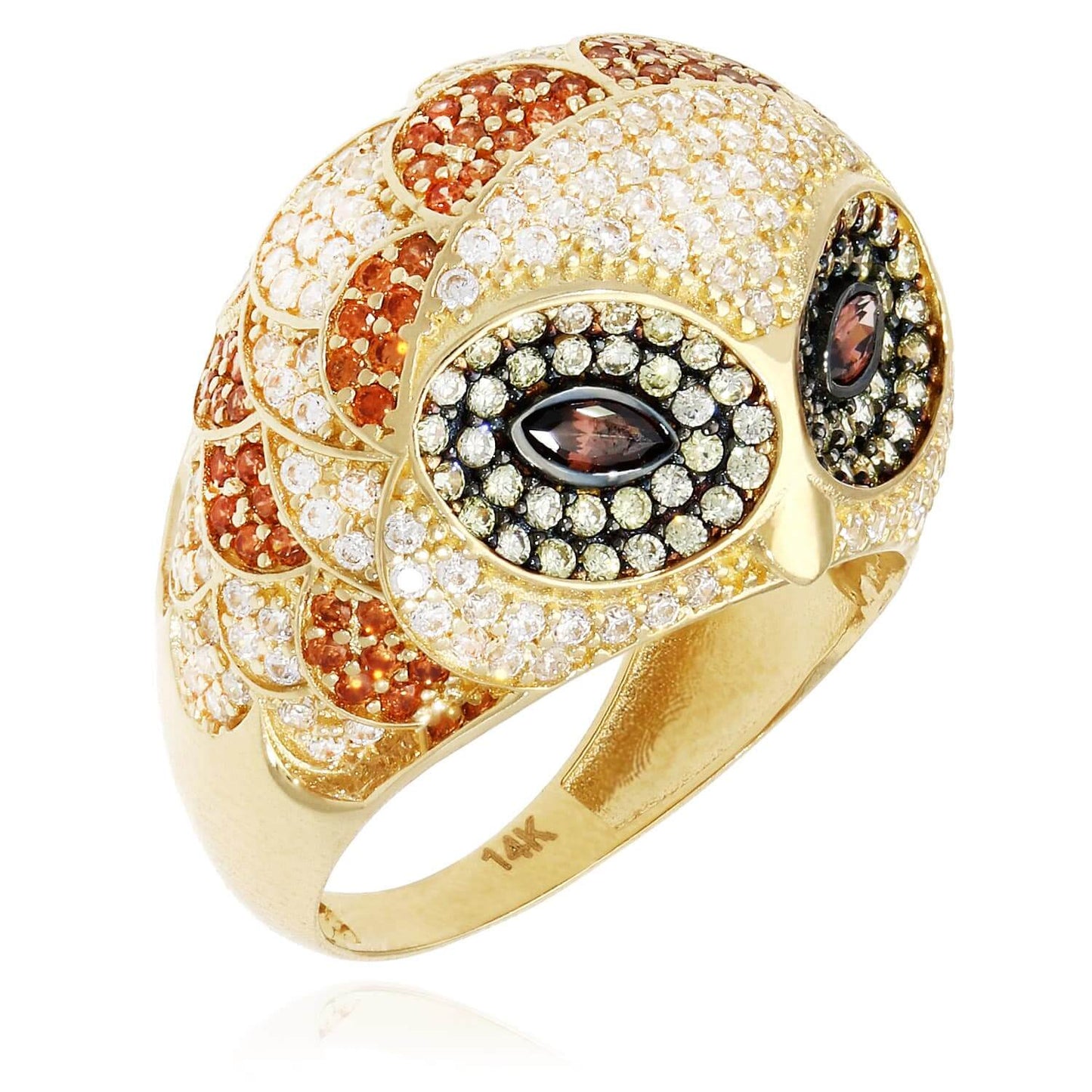 14K Gold Yellow Champagne White CZ Pave Alexandrite 3D Owl Ring