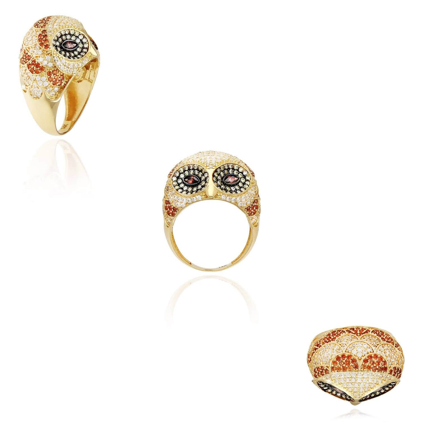 14K Gold Yellow Champagne White CZ Pave Alexandrite 3D Owl Ring