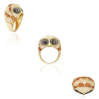 14K Gold Yellow Champagne White CZ Pave Alexandrite 3D Owl Ring