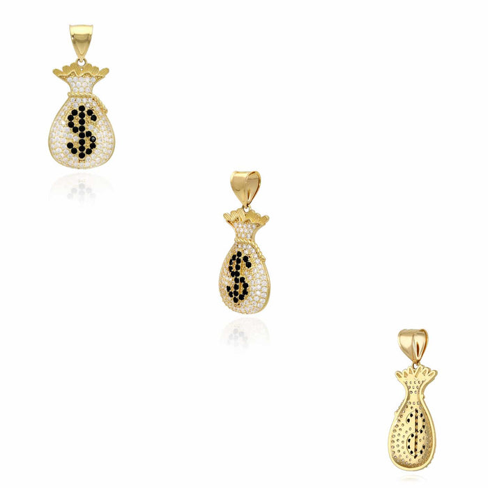 14K Yellow Gold CZ And Onyx Dollar $ Sign Money Bag Pendant