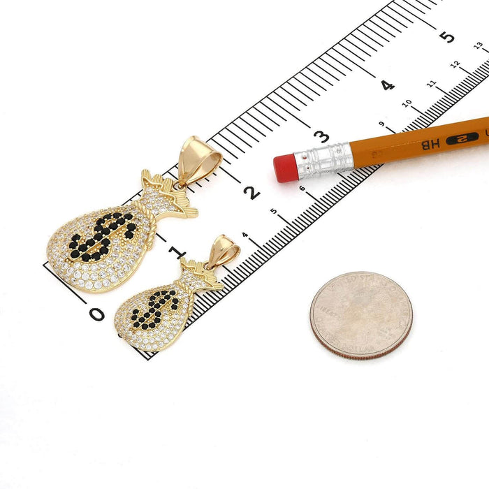 14K Yellow Gold CZ And Onyx Dollar $ Sign Money Bag Pendant