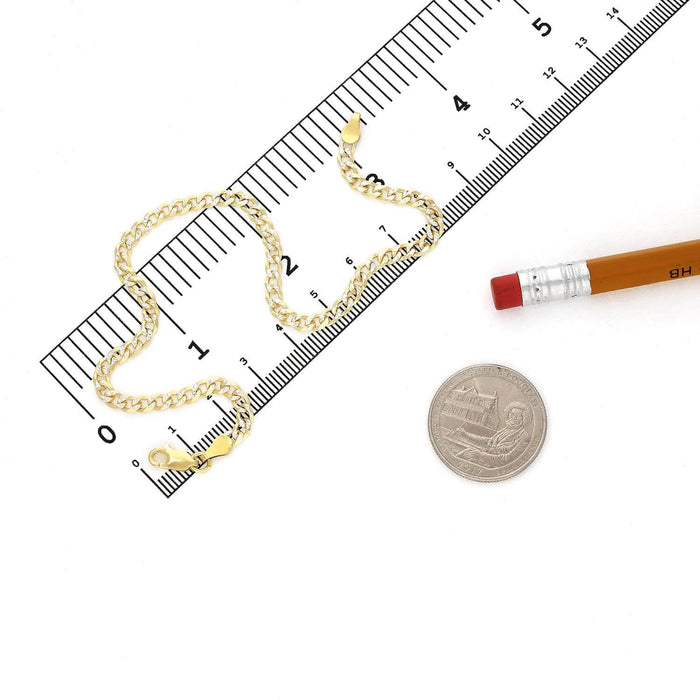 Yellow Gold Over Silver 3.6mm Diamond-Cut Pave Cuban Curb Bracelet (Solid Links) 7"-9"