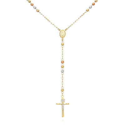 14K Tri-Color Gold 4mm Moon-Cut Ball Rosary Necklace (Solid Links) 26"