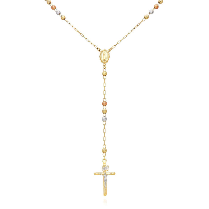 14K Tri-Color Gold 4mm Moon-Cut Ball Rosary Necklace (Solid Links) 26"