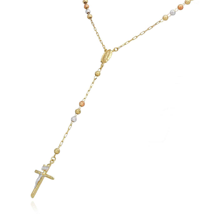 14K Tri-Color Gold 4mm Moon-Cut Ball Rosary Necklace (Solid Links) 26"