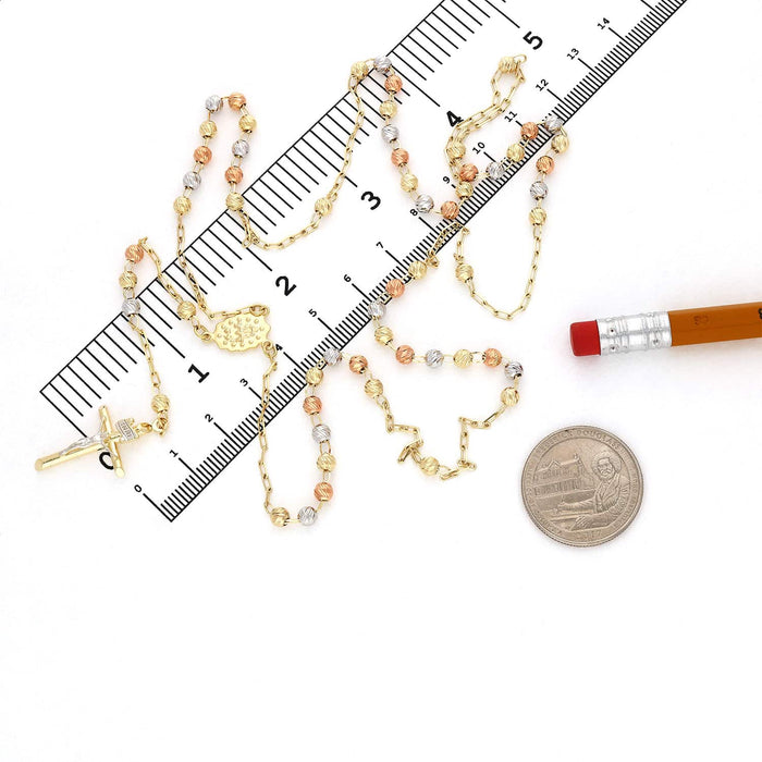 14K Tri-Color Gold 4mm Moon-Cut Ball Rosary Necklace (Solid Links) 26"