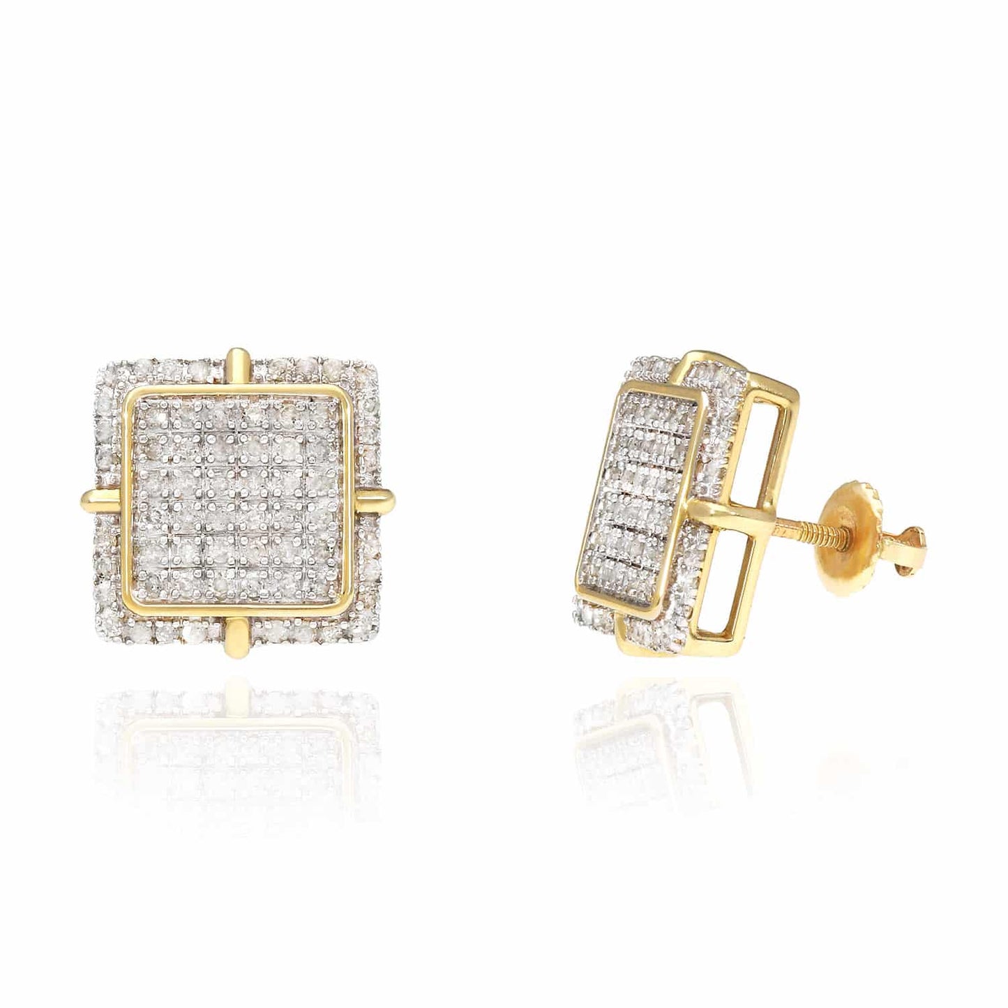 .60CT TW Real Diamond 3D Square 10K Yellow Gold Screw Back Stud Earrings 13mm