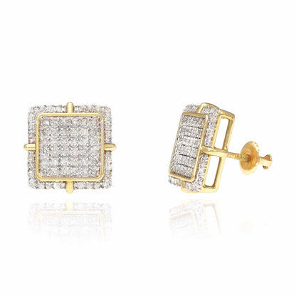 .60CT TW Real Diamond 3D Square 10K Yellow Gold Screw Back Stud Earrings 13mm