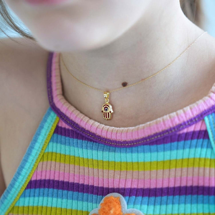 14K Gold Blue Red Evil Eye Small Hamsa Small Pendant 0.7"