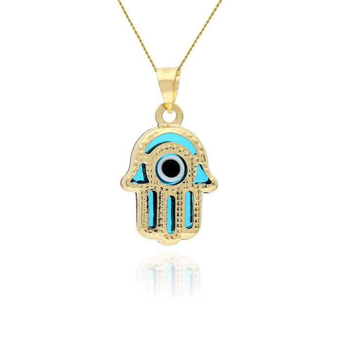 14K Gold Blue Red Evil Eye Small Hamsa Small Pendant 0.7"