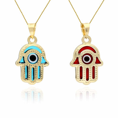 14K Gold Blue Red Evil Eye Small Hamsa Small Pendant 0.7"