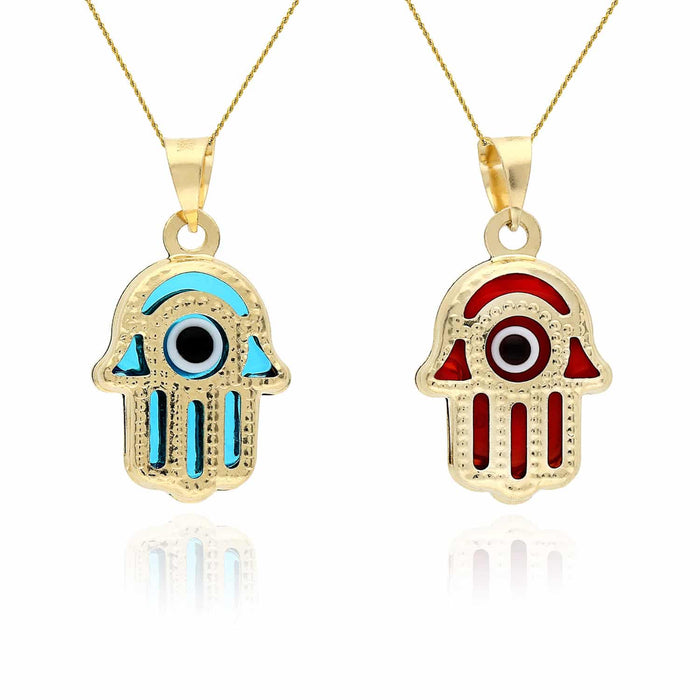 14K Gold Blue Red Evil Eye Small Hamsa Small Pendant 0.7"