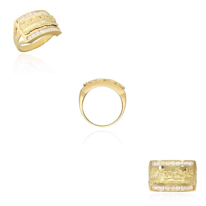 10K Gold Yellow Princess-Cut Channel CZ Last Supper Signet Ring