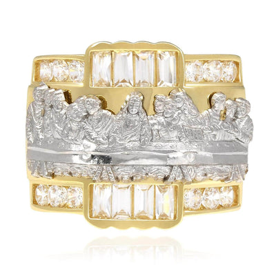 10K Gold Yellow Baguette and Round CZ Last Supper Ring