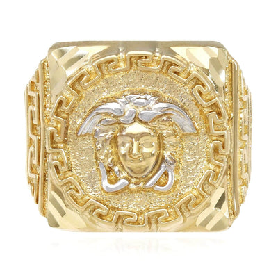 10K Gold Yellow With White Gold Accents Diamond-Cut Medusa Head Signet Ring