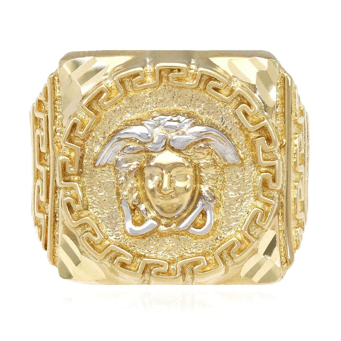 10K Gold Yellow With White Gold Accents Diamond-Cut Medusa Head Signet Ring