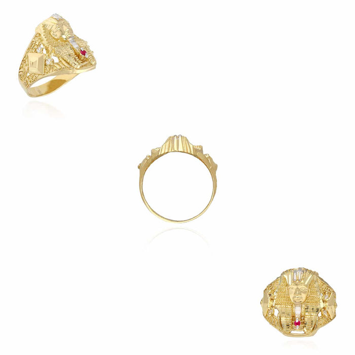 Solid 10K Gold Yellow CZ with Ruby Pharaoh Head Ring
