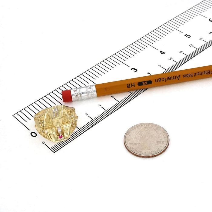 Solid 10K Gold Yellow CZ with Ruby Pharaoh Head Ring