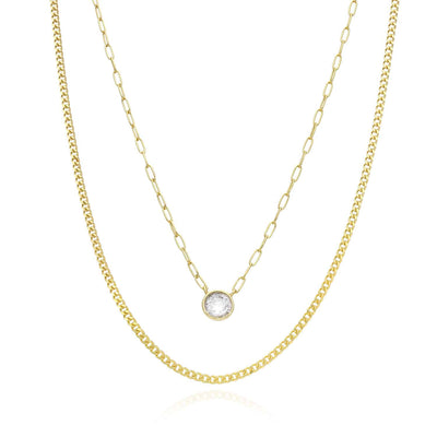 Yellow Gold Over Silver Paperclip Cuban CZ Round Layer Necklace (Solid Links) 16"-18" Adjustable