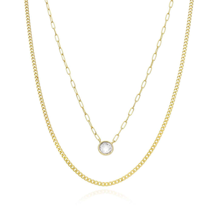 Yellow Gold Over Silver Paperclip Cuban CZ Round Layer Necklace (Solid Links) 16"-18" Adjustable