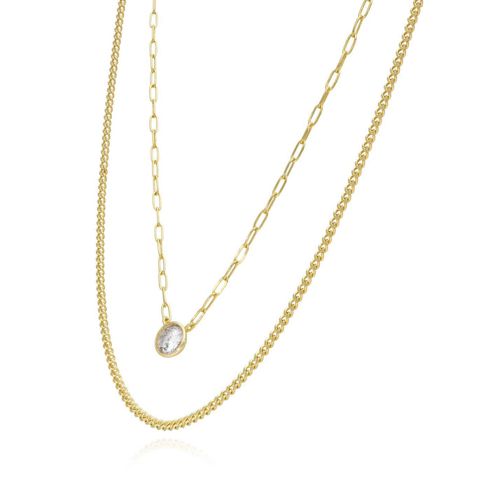 Yellow Gold Over Silver Paperclip Cuban CZ Round Layer Necklace (Solid Links) 16"-18" Adjustable