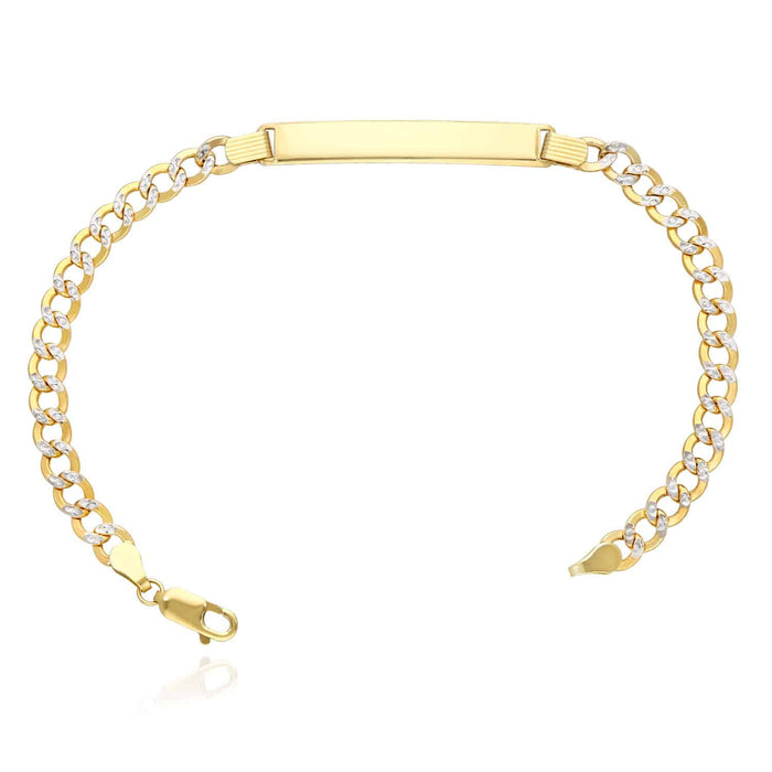 14K Yellow Gold 5.3mm Diamond-Cut Pave Cuban ID Bracelet (Solid Links) 8"