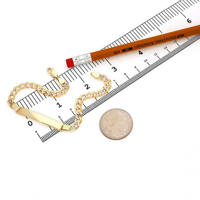 14K Yellow Gold 5.3mm Diamond-Cut Pave Cuban ID Bracelet (Solid Links) 8"