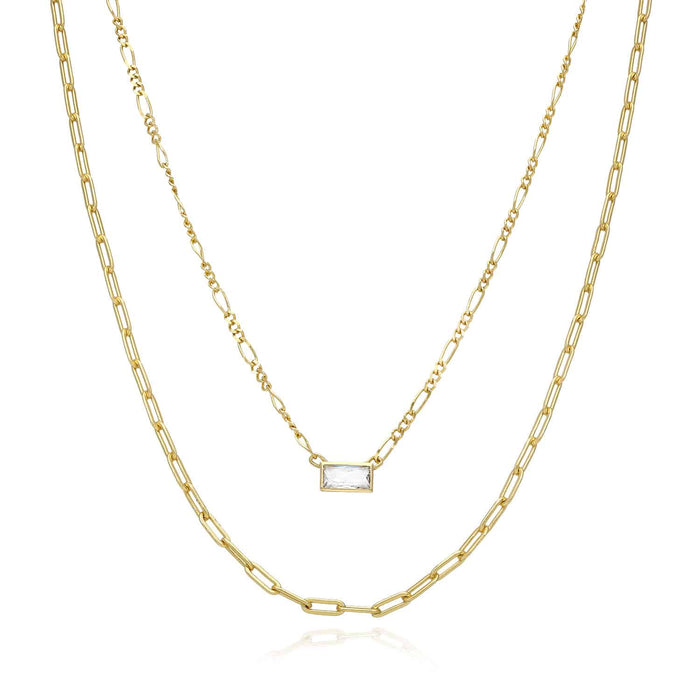 14K Yellow Gold Over Silver 2-Layer Paperclip Rectangle Bezel CZ Necklace (Solid Links)