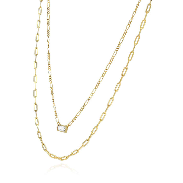 14K Yellow Gold Over Silver 2-Layer Paperclip Rectangle Bezel CZ Necklace (Solid Links)