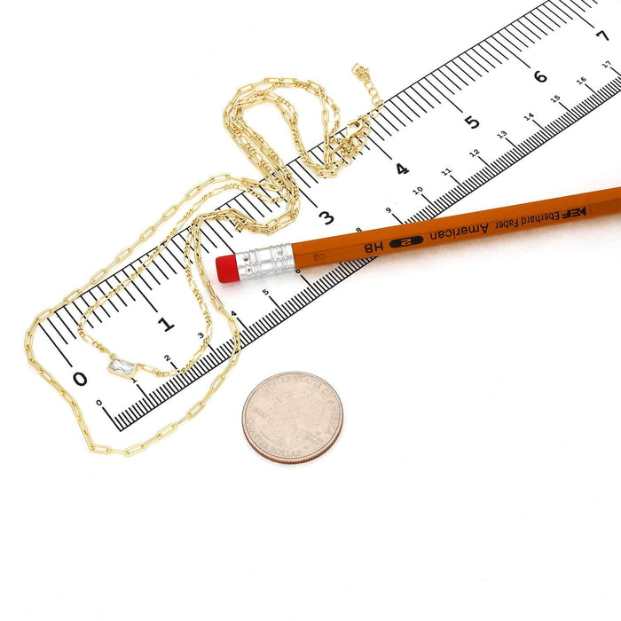 14K Yellow Gold Over Silver 2-Layer Paperclip Rectangle Bezel CZ Necklace (Solid Links)