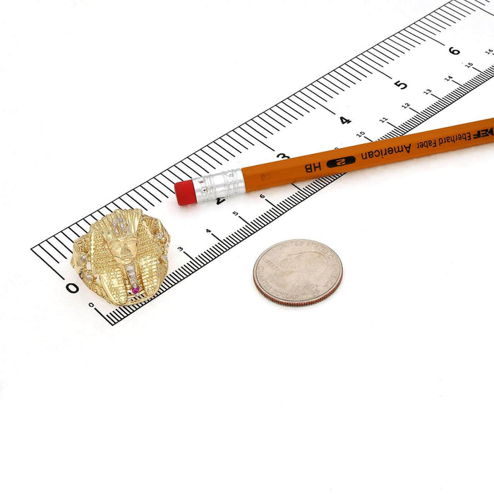 Solid 10K Gold Yellow CZ & Ruby Egyptian Pharaoh Head Ring