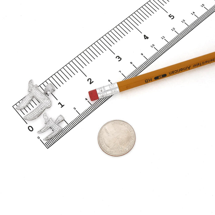 14k White Gold Over Silver CZ Pave Chai Pendant 0.80" & 1.20"