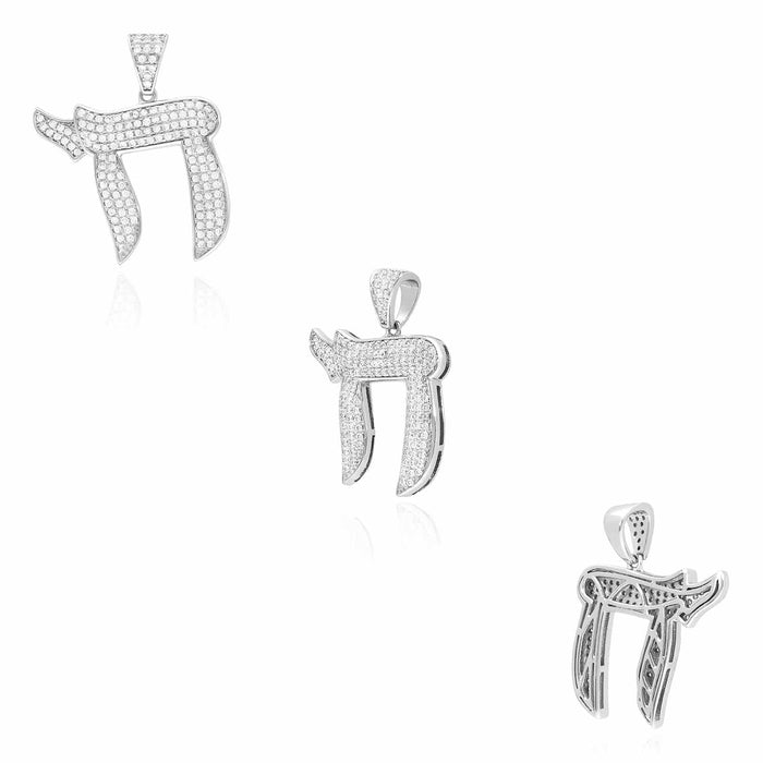 14k White Gold Over Silver CZ Pave Chai Pendant 0.80" & 1.20"