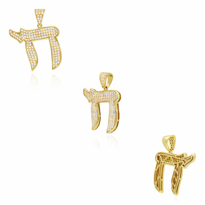 14k Yellow Gold Over Silver CZ Pave Chai Pendant 0.79", 1.18"