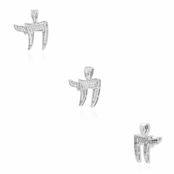 14k White Gold Over Silver CZ Pave Chai Pendant 0.80" & 1.20"