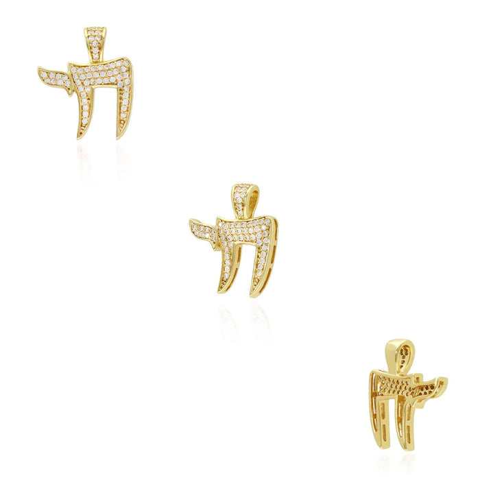 14k Yellow Gold Over Silver CZ Pave Chai Pendant 0.79", 1.18"
