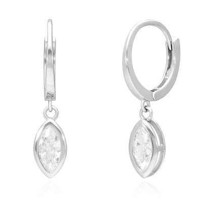 925 Sterling Silver Bezel Set Oval Marquise Zirconia Drop Huggie Hoop Earrings