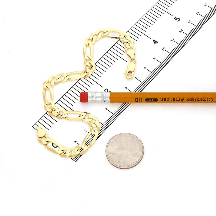 14K Yellow Gold Over Silver 7.3mm Figaro Bracelet (Solid Links) 7"-9"