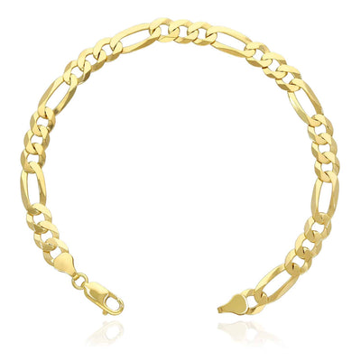 14K Yellow Gold Over Silver 7.3mm Figaro Bracelet (Solid Links) 7"-9"
