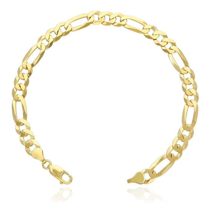 14K Yellow Gold Over Silver 7.3mm Figaro Bracelet (Solid Links) 7"-9"