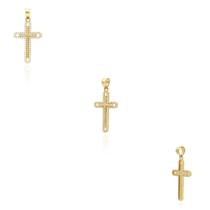14K Yellow Gold CZ Halo Cross Pendant 1.38"