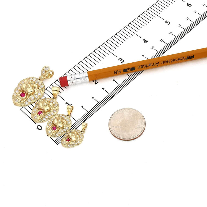 10K Gold CZ Ruby Lion Face Pendant 0.79" - 1.38"
