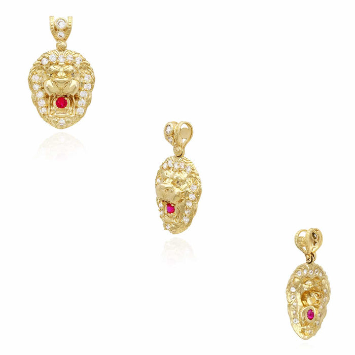 10K Gold CZ Ruby Lion Face Pendant 0.79" - 1.38"