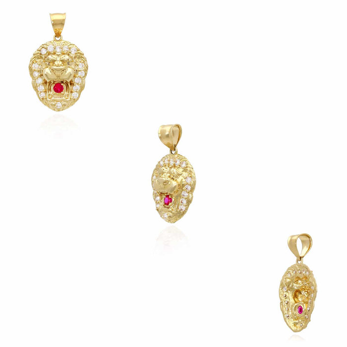 10K Gold CZ Ruby Lion Face Pendant 0.79" - 1.38"