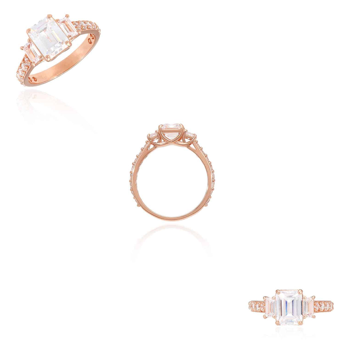 3CTW Emerald-Cut CZ 3-Stone 14K Rose Gold Engagement Ring