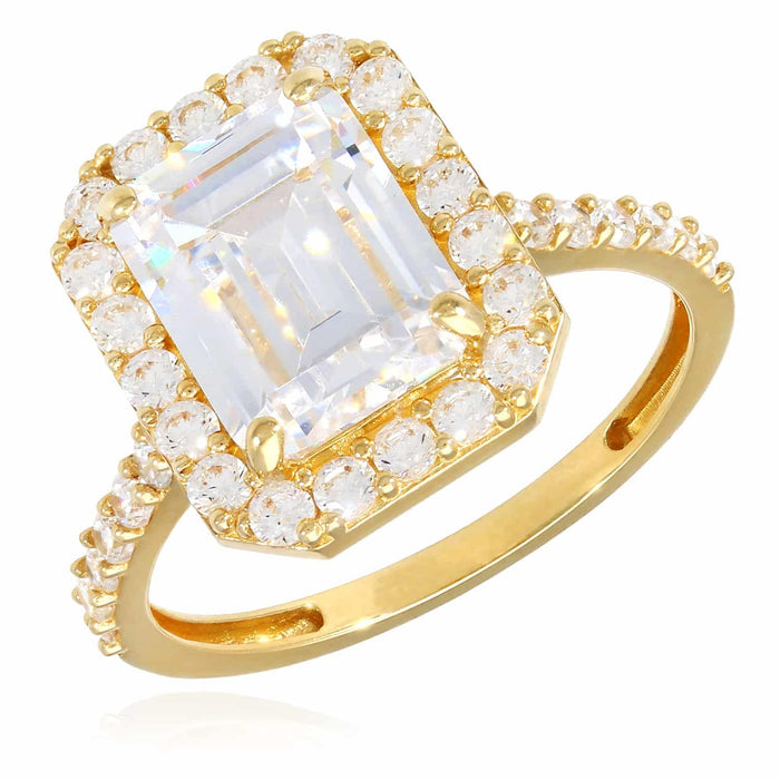 3.70CTW CZ Halo Emerald-Cut 14K Yellow Gold Engagement Ring