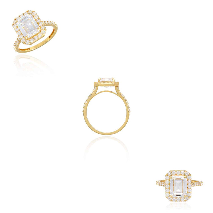 3.70CTW CZ Halo Emerald-Cut 14K Yellow Gold Engagement Ring