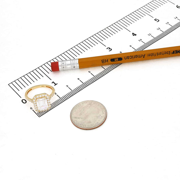 3.70CTW CZ Halo Emerald-Cut 14K Yellow Gold Engagement Ring