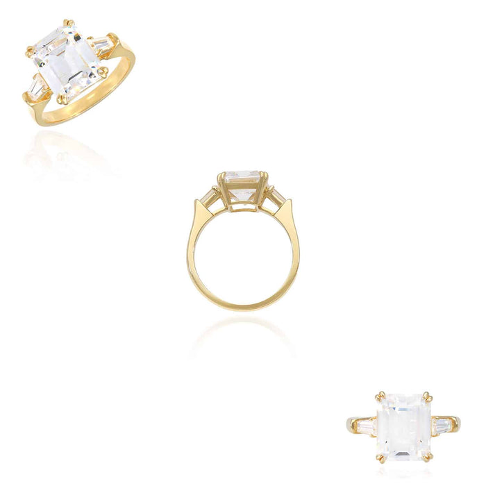 3.3CTW 3-Stone Radiant Baguette CZ 14K Yellow Gold Engagement Ring